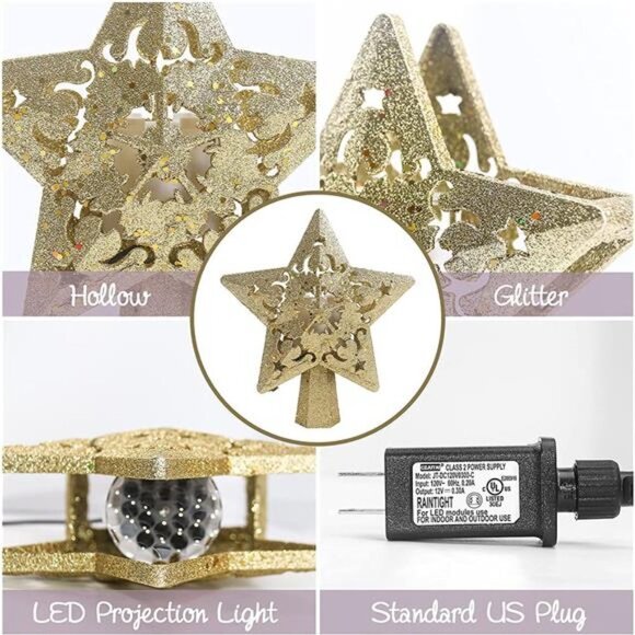 Christmas Tree Topper Projector, LED Star Tree Topper Light, Glitter - Picture 3 of 7